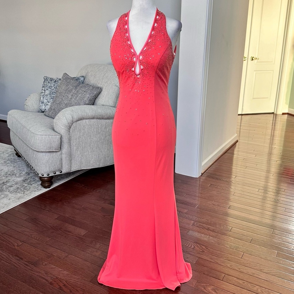 Vintage 2000s Ignite Evenings Peach Formal Open Back Beaded Gown Unique Dress